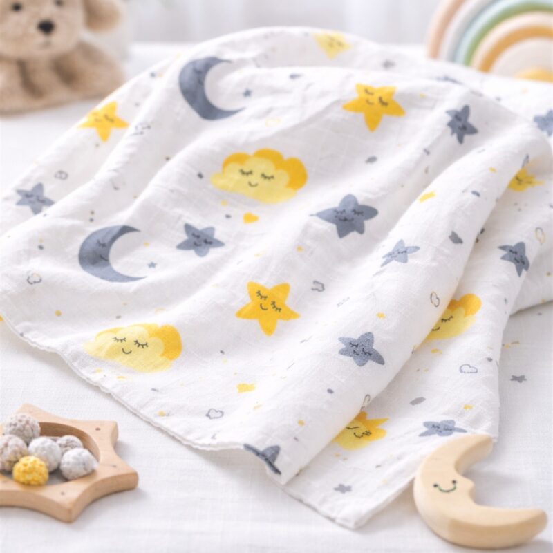 More Home  Müslin  Bebek Örtüsü %100 Pamuk Ay & Yıldızlı 90X90 cm  sarı gri