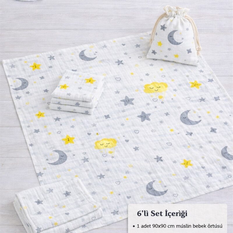 More Home % 100 Pamuk Müslin Örtü, Bebek Battaniyesi 6 Parça Set Ay Yıldızlı Gri Sarı