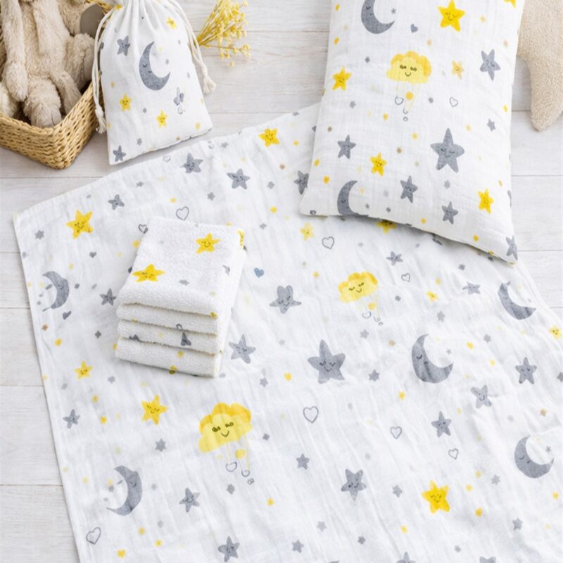 More Home % 100 Pamuk Müslin Örtü, Bebek Battaniyesi 7 Parça Set Ay Yıldızlı Gri Sarı