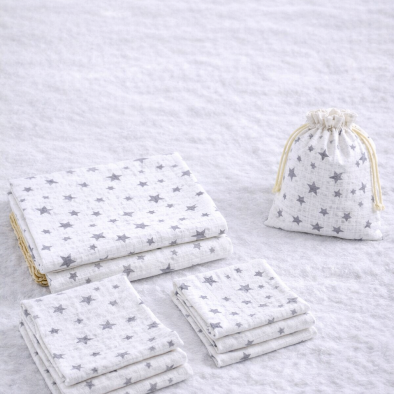 More Home % 100 Pamuk Müslin Örtü, Bebek Battaniyesi 6 Parça Set Yıldızlı Gri Beyaz