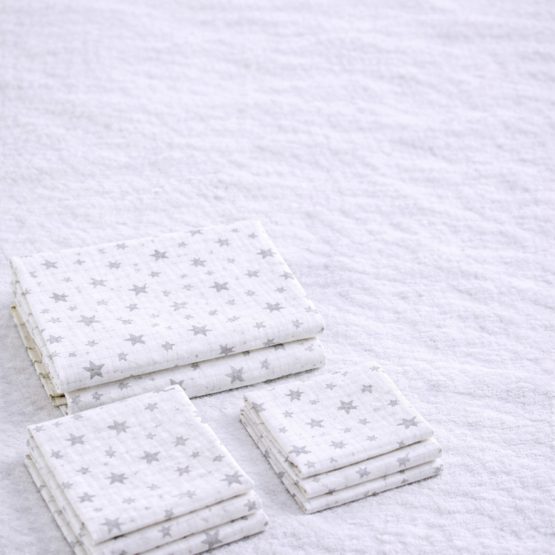 More Home % 100 Pamuk Müslin Örtü, Bebek Battaniyesi 5 Parça Set Yıldızlı Gri Beyaz