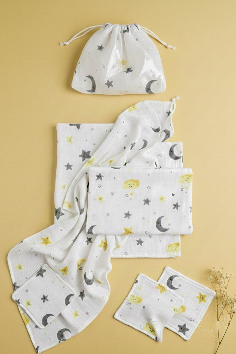 More Home Müslin Bezi Bebek Set 6 Parça % 100 pamuklu beyaz sarı ay yıldızlı