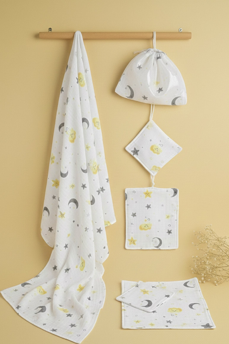 More Home Müslin Bezi Bebek Set 6 Parça % 100 pamuklu beyaz sarı ay yıldızlı