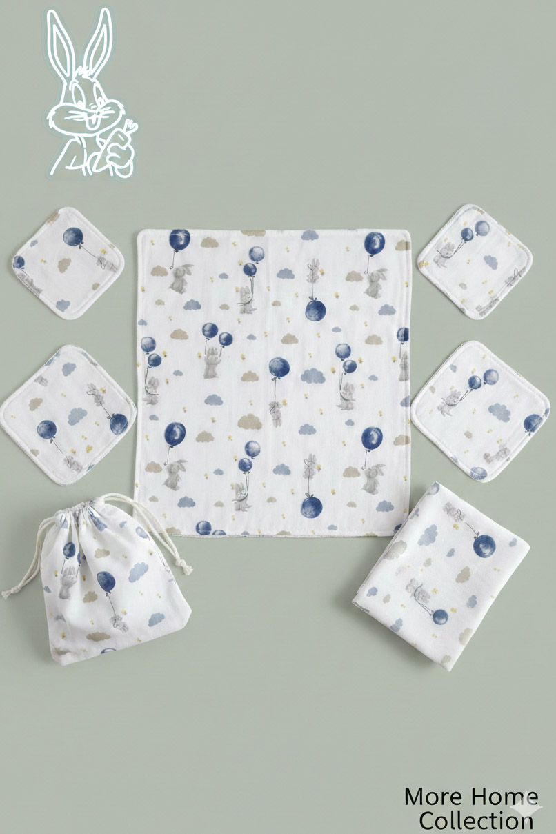 More Home Bebek Müslin Ağız Bezi Battaniye %100 Pamuk 7 Parça Set Tavşanlı