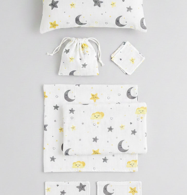 More Home Bebek Battaniye Müslin & Ağız  Bezi   %100 Pamuk 7 Parça Set Gri Sarı  ay yıldızlı
