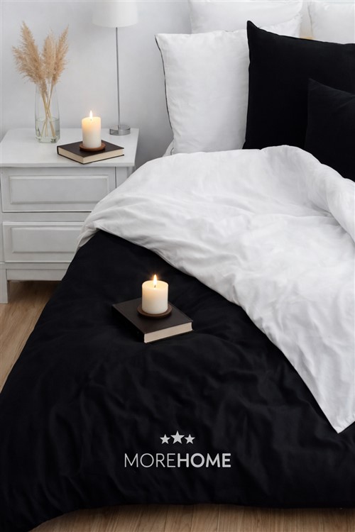 More Home  Çift Kişilik Nevresim Takımı Lastikli Çarşaf Siyah  Beyaz
