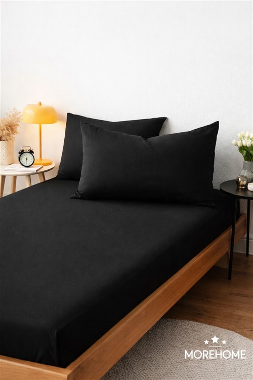 More Home  Çift Kişilik Lastikli Çarşaf  Seti + Yastık Kılıfı Siyah