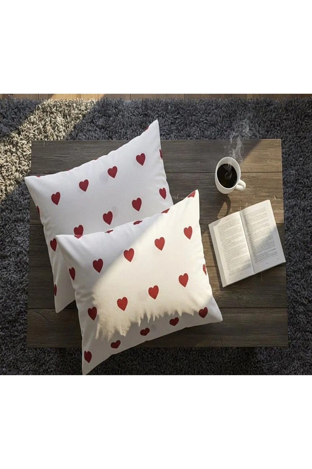 More Home Yastık Kılıfı Kapaklı (2 Adet) 50 x 70 cm kalpli Beyaz Kırmızı