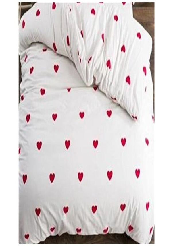 More Home  Çift Kişilik Nevresim Seti + Yastık Kılıfı  Kalp Desenli Beyaz Kırmızı
