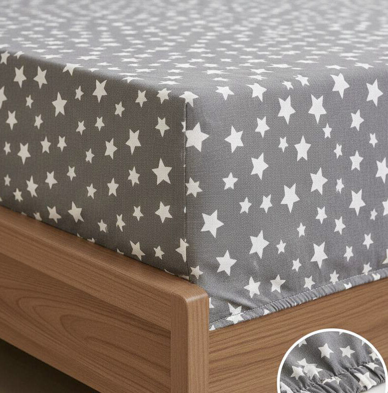 More Home Tek Kişilik Lastikli Çarşaf Seti + Yastık Kılıfı Gri Beyaz Yıldızlı