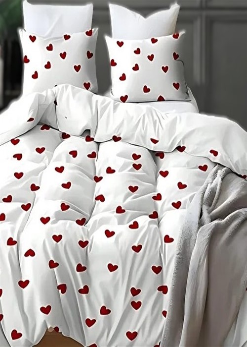 More Home  Lastikli Çarşaf Tek Kişilik Nevresim Takımı  Beyaz Kırmızı kalp Desenli kombinli