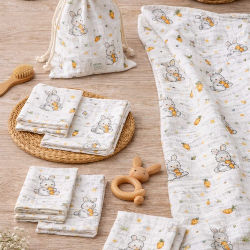 More Home % 100 Pamuk Müslin Örtü, Bebek Battaniyesi 6 Parça Set Havuç Yiyen Tavşan Krem Turuncu