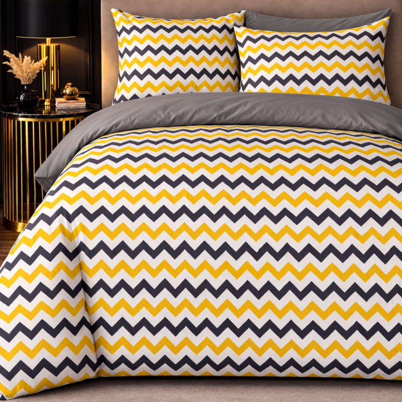 More Home  Çift Kişilik Yorgan Kılıfı + Yastık Kılıfı  Kombin Zikzaklı Gri Sarı Beyaz