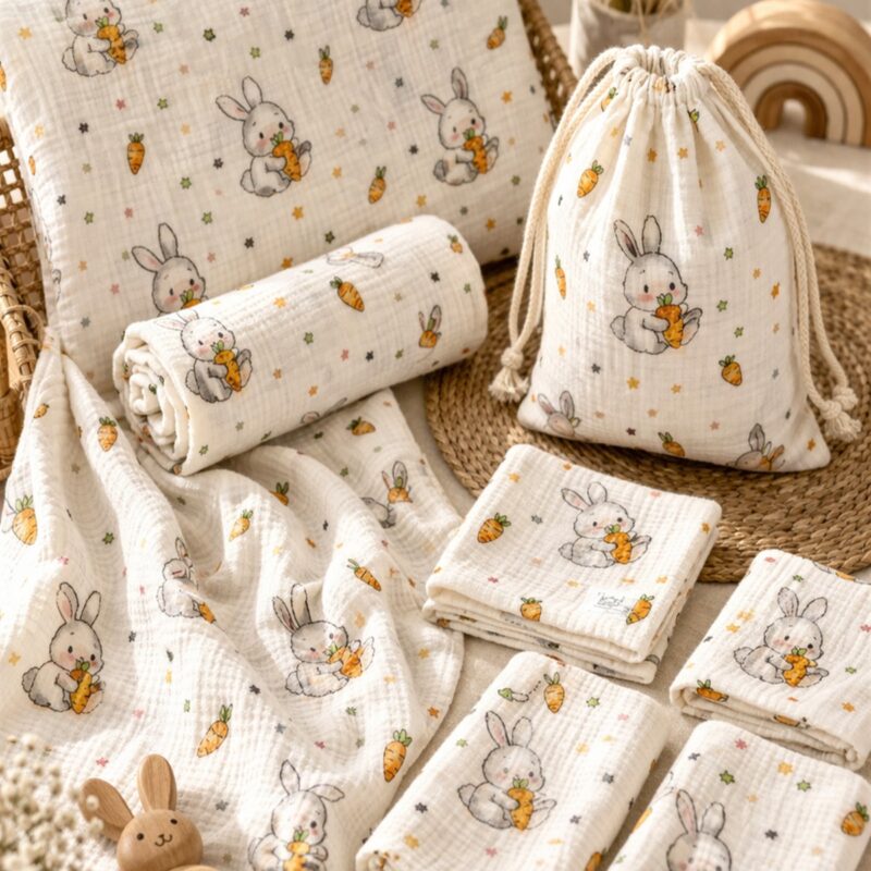 More Home % 100 Pamuk Müslin Örtü, Bebek Battaniyesi 7 Parça Set Havuç Yiyen Tavşan Krem Turuncu