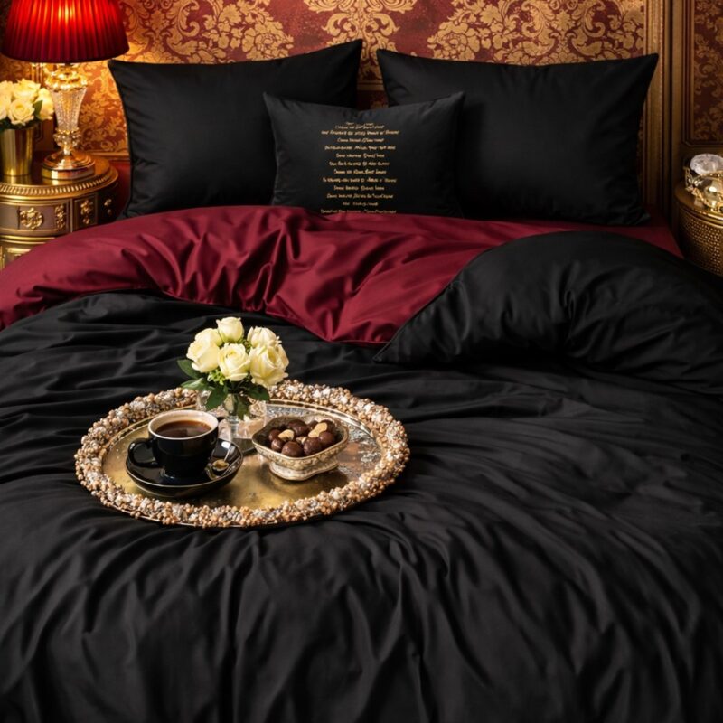 More Home  Tek Kişilik Nevresim Takımı Lastikli Çarşaf Siyah Bordo