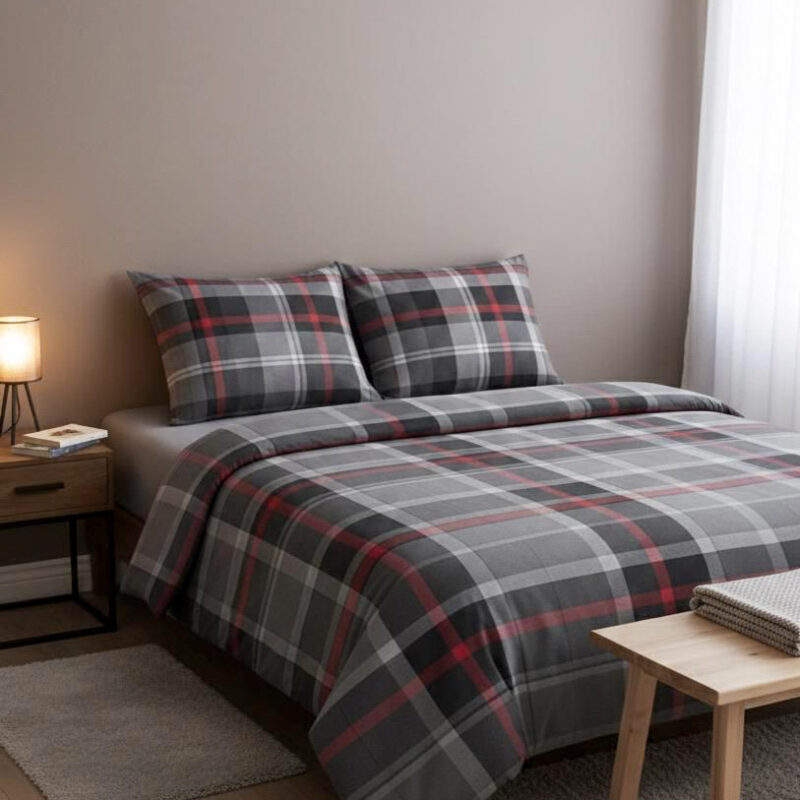 More Home  Çift Kişilik Nevresim Seti + Yastık Kılıfı Ekose Desen Gri Kırmızı Çizgili