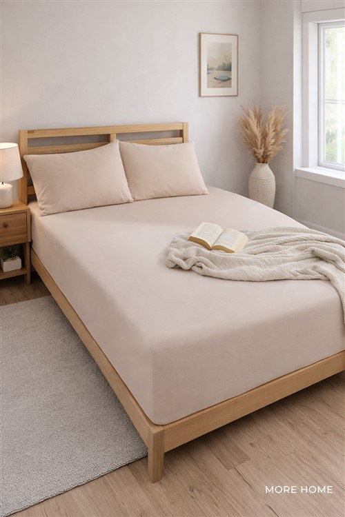 More Home Çift  Kişilik Lastikli Çarşaf  Seti + Yastık Kılıfı Koyu Bej