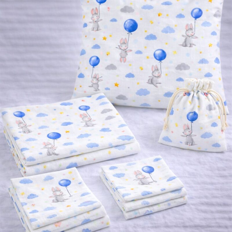 More Home % 100 Pamuk Müslin Örtü, Bebek Battaniyesi 7 Parça Set Tavşan Mavi Balonlu Gri