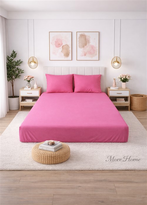 More Home  Çift Kişilik Lastikli Çarşaf  Seti + Yastık Kılıfı   fuşya