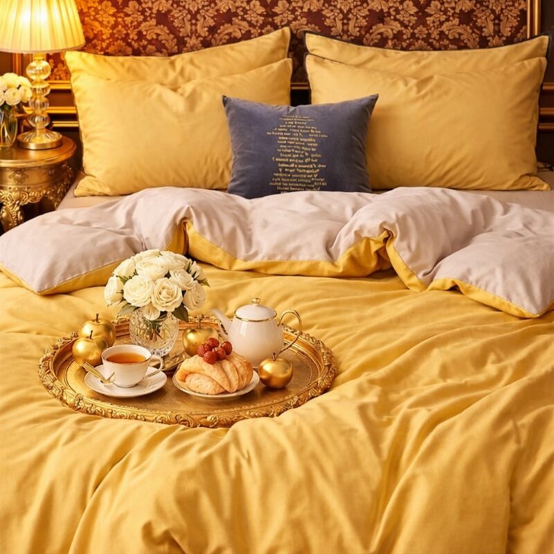 More Home Tek Kişilik Nevresim Takımı Lastikli Çarşaf Sarı Bej