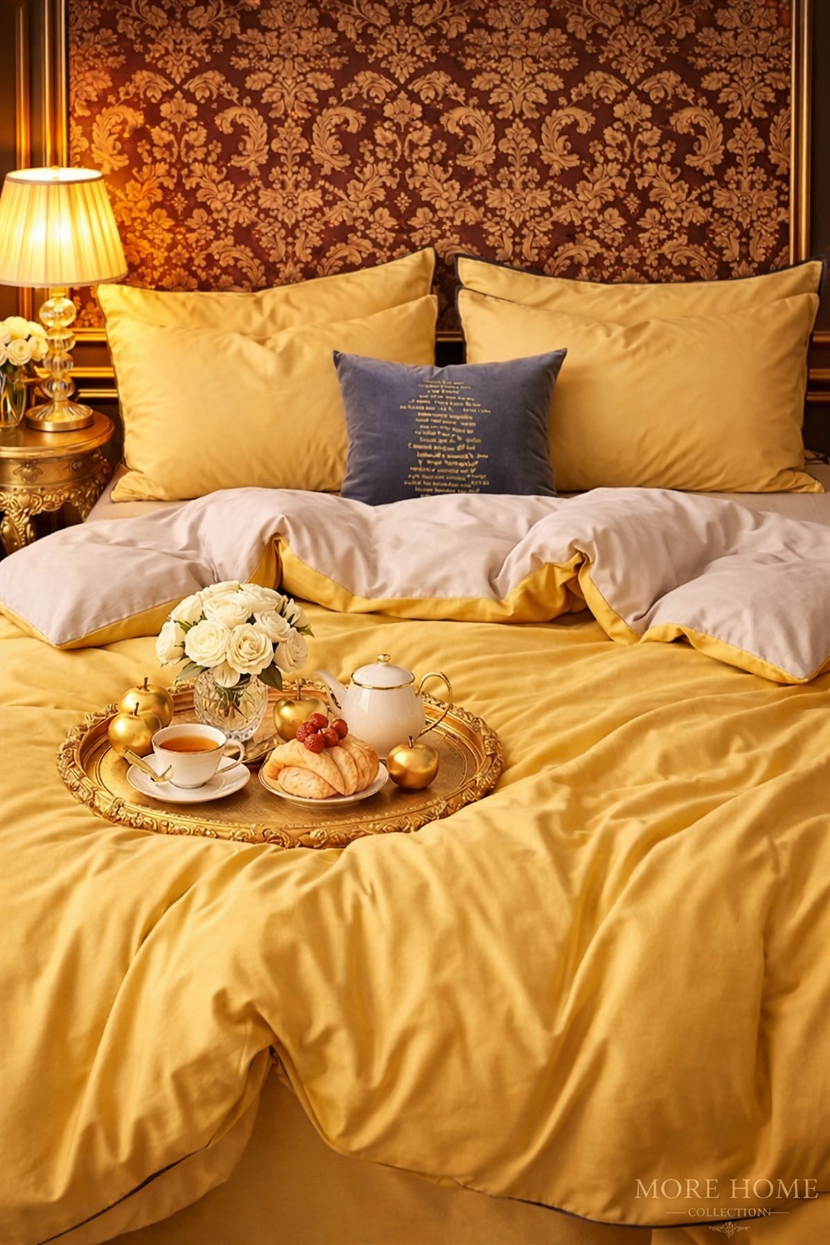 More Home Tek Kişilik Nevresim Takımı Lastikli Çarşaf Sarı Bej