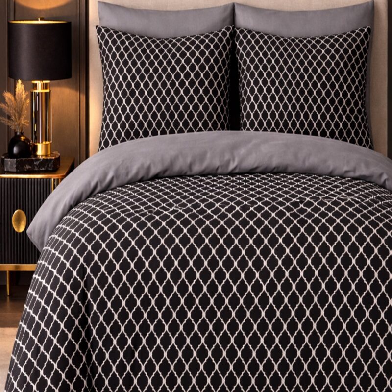 More Home Tek Kişilik Nevresim Takımı Lastikli Çarşaf Motif Desen Antrazit Siyah Beyaz