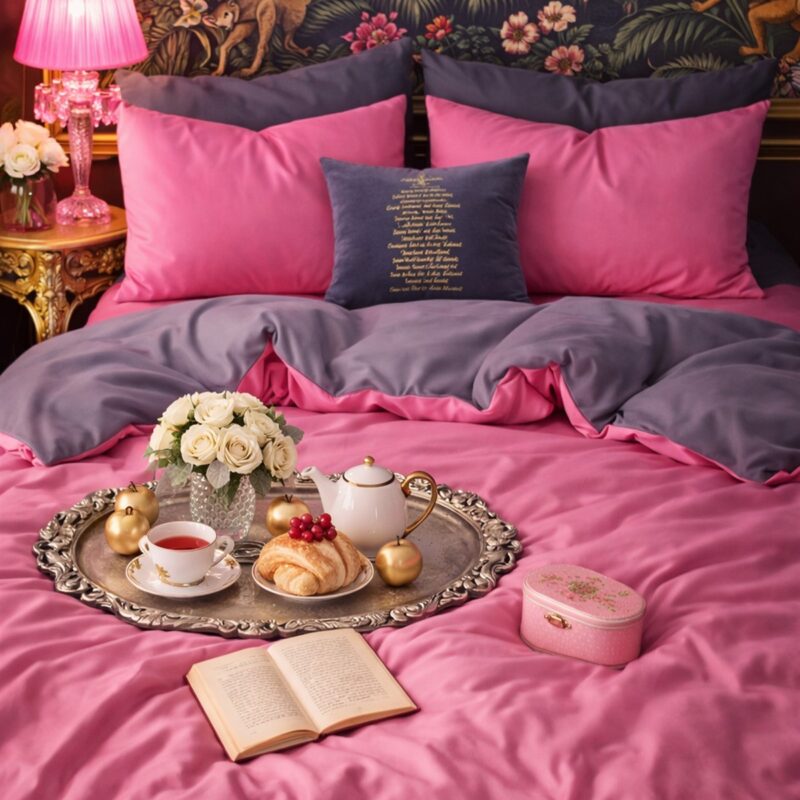 More Home  Tek Kişilik Nevresim Takımı Lastikli Çarşaf  Antrazit Fuşya