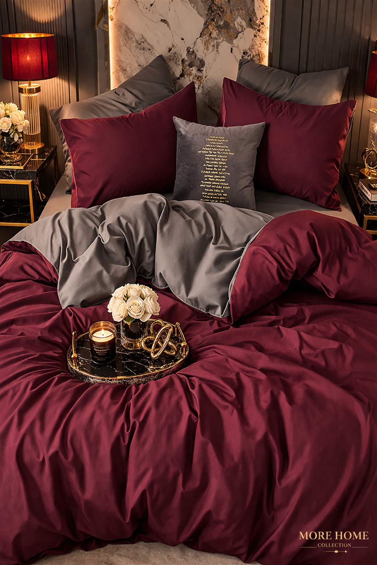 More Home Tek Kişilik Nevresim Takımı Lastikli Çarşaf Antrazit Bordo