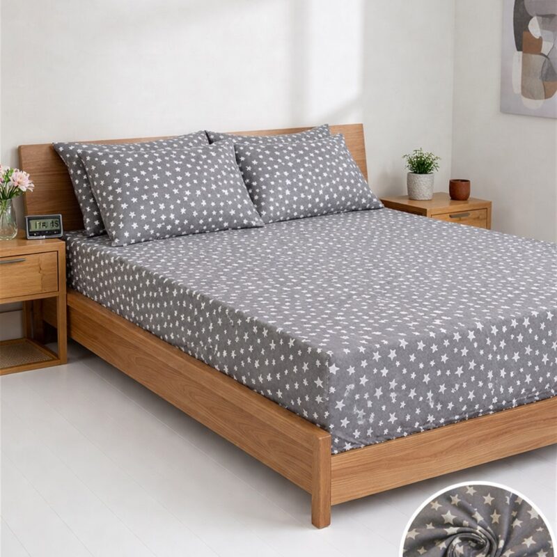 More Home Tek Kişilik Lastikli Çarşaf Seti + Yastık Kılıfı Gri Beyaz Yıldızlı