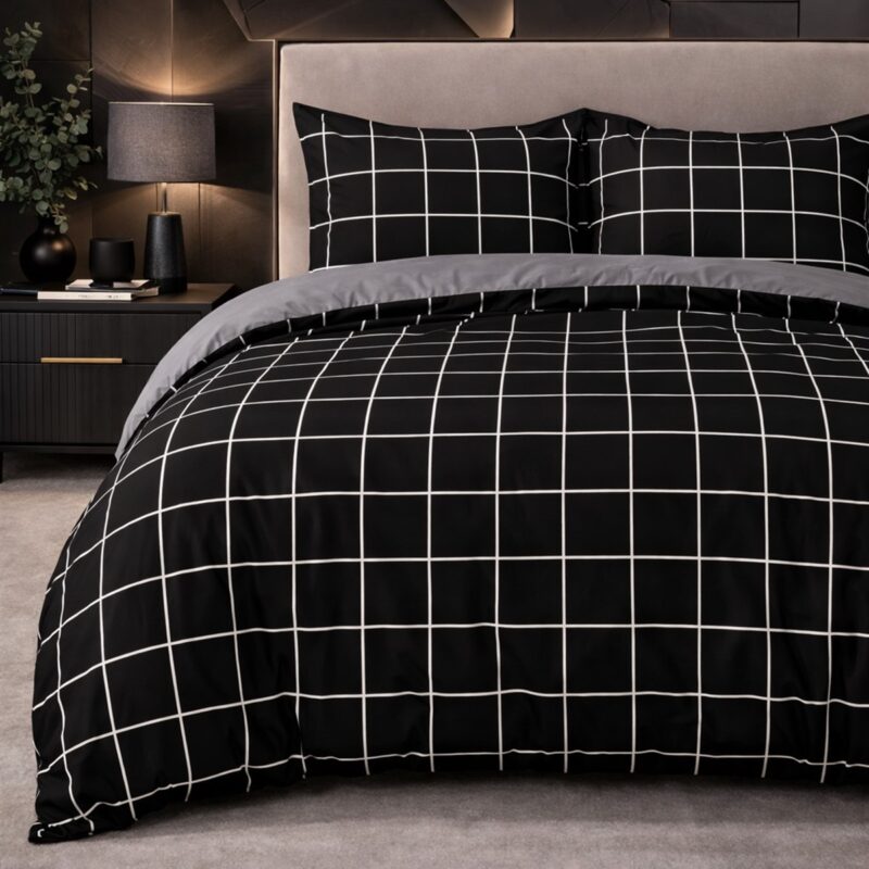 More Home  Tek Kişilik Nevresim Takımı Lastikli Çarşaf  Kareli  Siyah Beyaz Antrasit