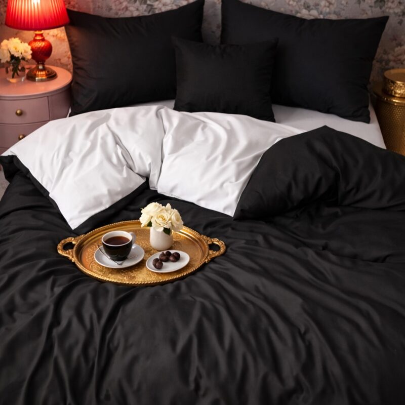 More Home Tek Kişilik Nevresim Takımı Lastikli Çarşaf  Siyah Beyaz