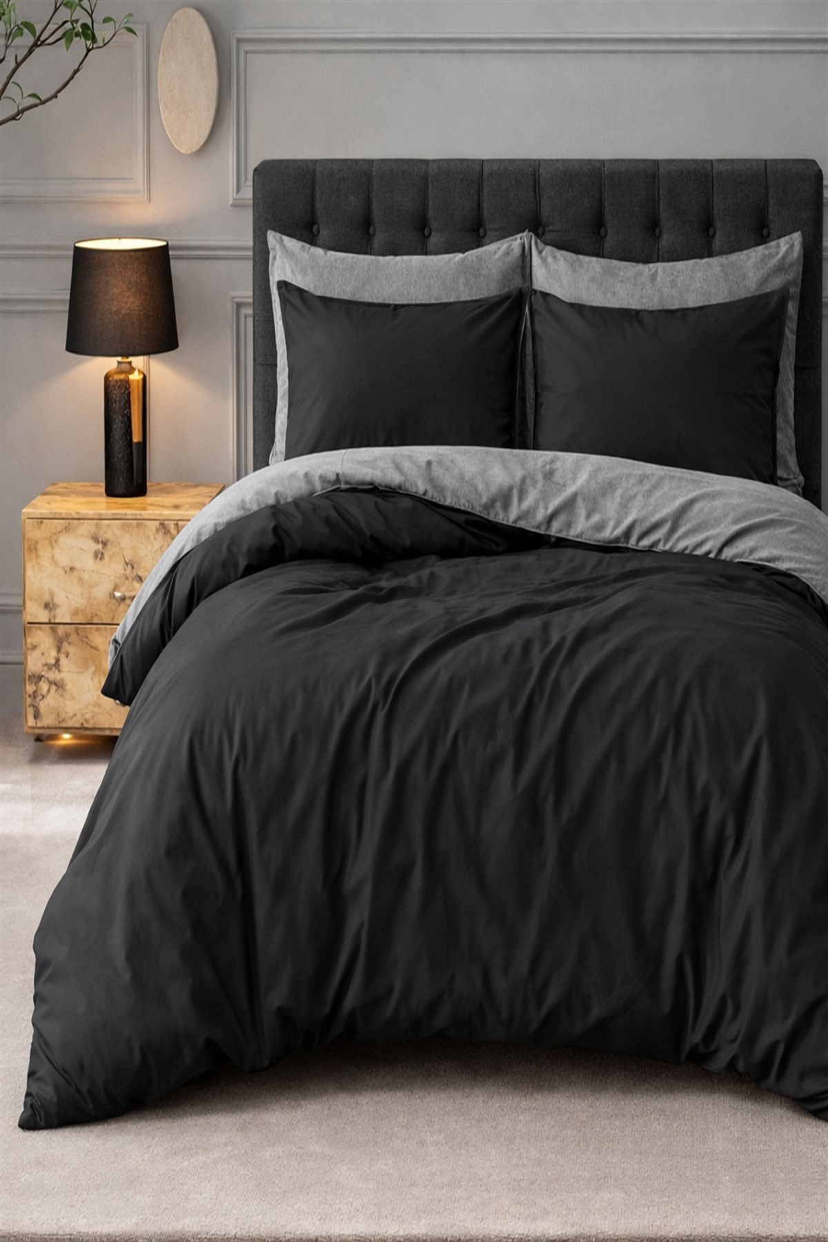 More Home Çift Kişilik Yorgan Kılıfı + Yastık Kılıfı Kombin Siyah Antrazit