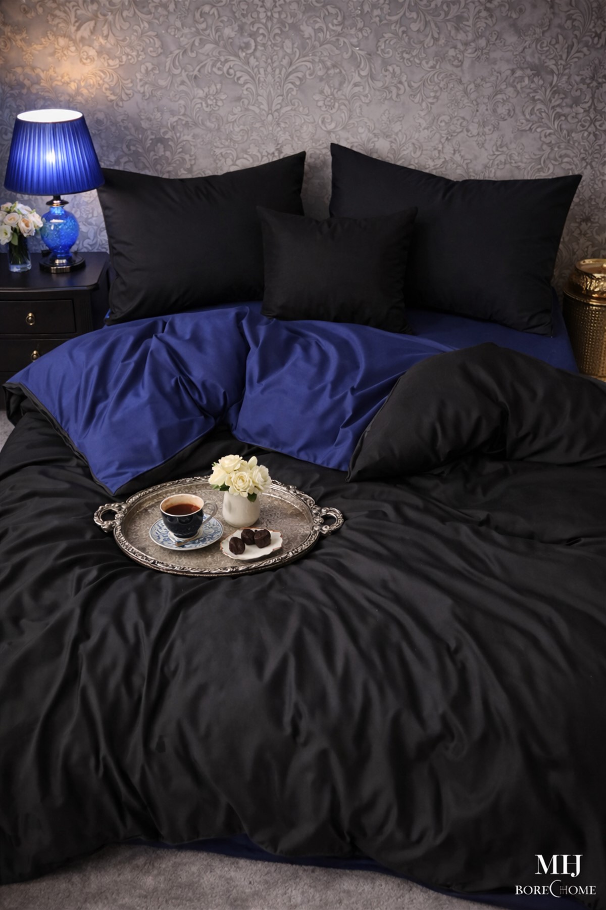 More Home Tek Kişilik Nevresim Takımı Lastikli Çarşaf Siyah Lacivert