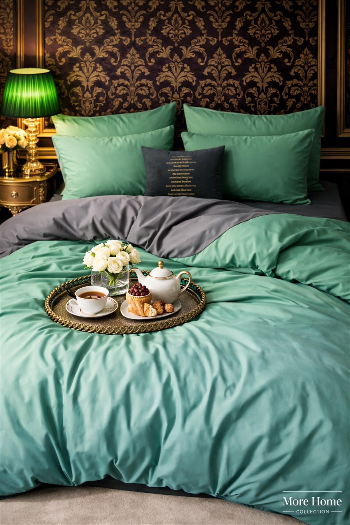 More Home Tek Kişilik Yorgan Kılıfı + Yastık Kılıfı Antrazit Yeşil