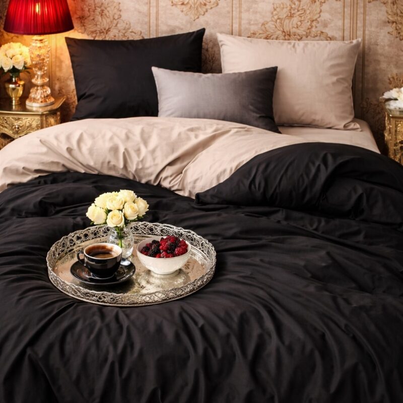 More Home Tek Kişilik  Nevresim Takımı Lastikli Çarşaf Siyah Bej