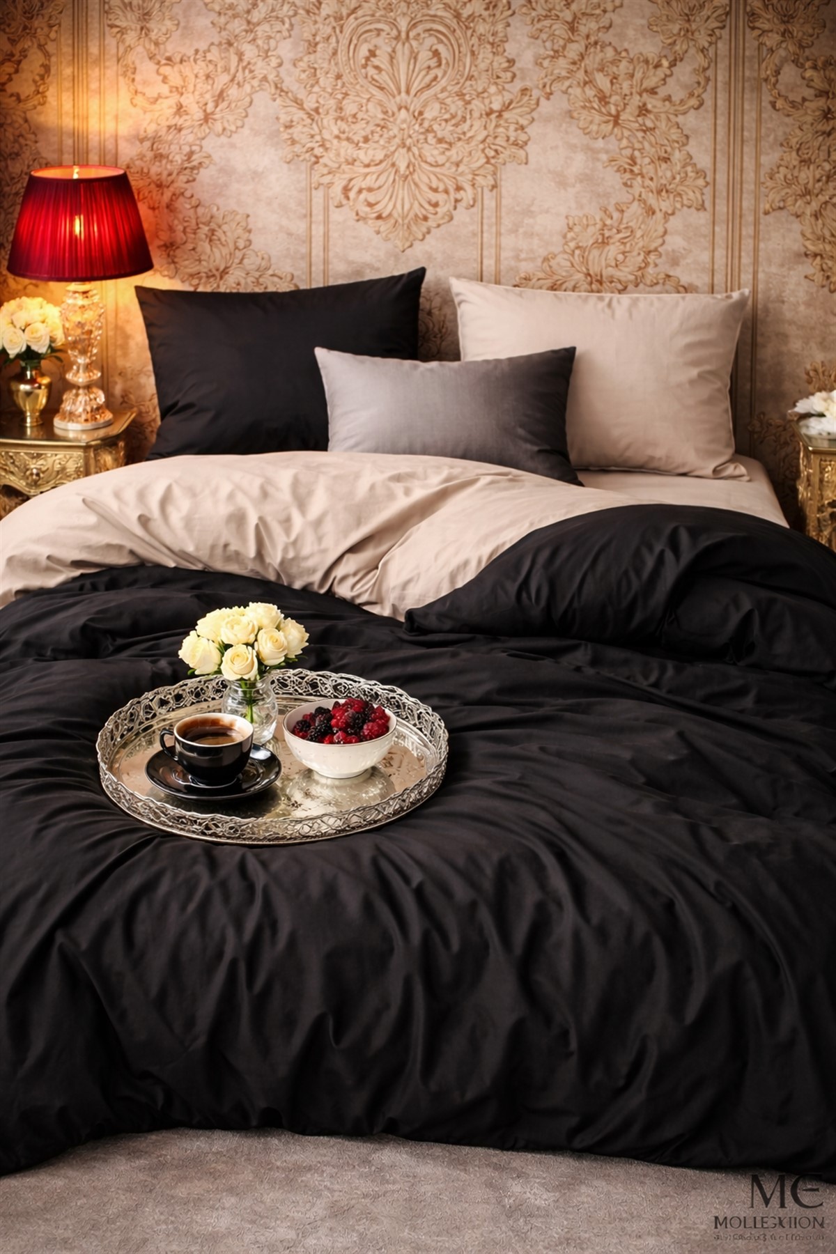 More Home Tek Kişilik Nevresim Takımı Lastikli Çarşaf Siyah Bej