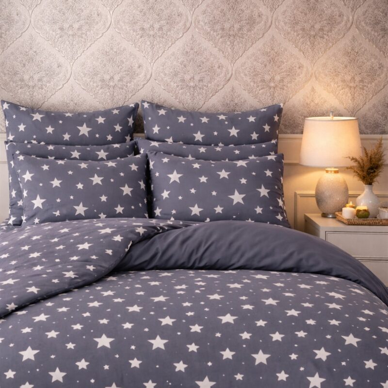 MORE HOME Çift Kişilik Yorgan Kılıfı + Yastık Kılıfı  Gri Beyaz Yıldızlı