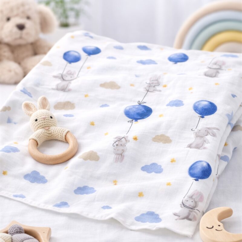 More Home %100 Pamuk Tek  Kat Müslin Bezi 90x90 Cm Balonlu Bulutlu Mavi