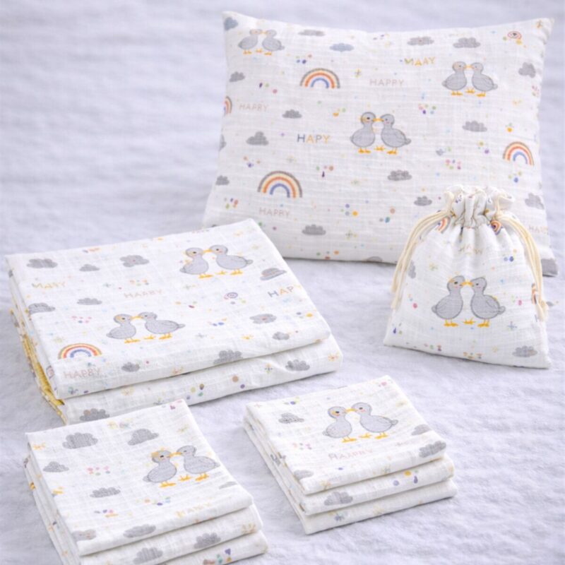 More Home % 100 Pamuk Müslin Örtü, Bebek Battaniyesi 7 Parça Set Gökkuşağı Ördekli Gri