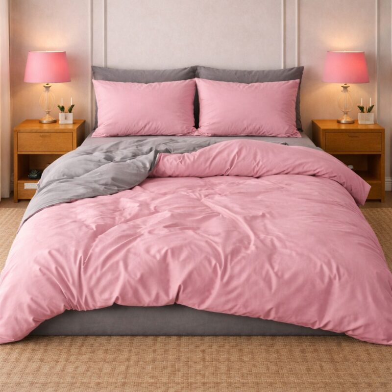 More Home Tek Kişilik Nevresim Takımı Lastikli Çarşaf  Pembe Antrazit