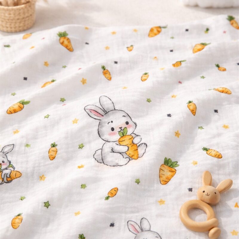 More Home % 100 Pamuk Müslin Bezi 90x90 Cm Havuç Yiyen Tavşan Beyaz  Turuncu
