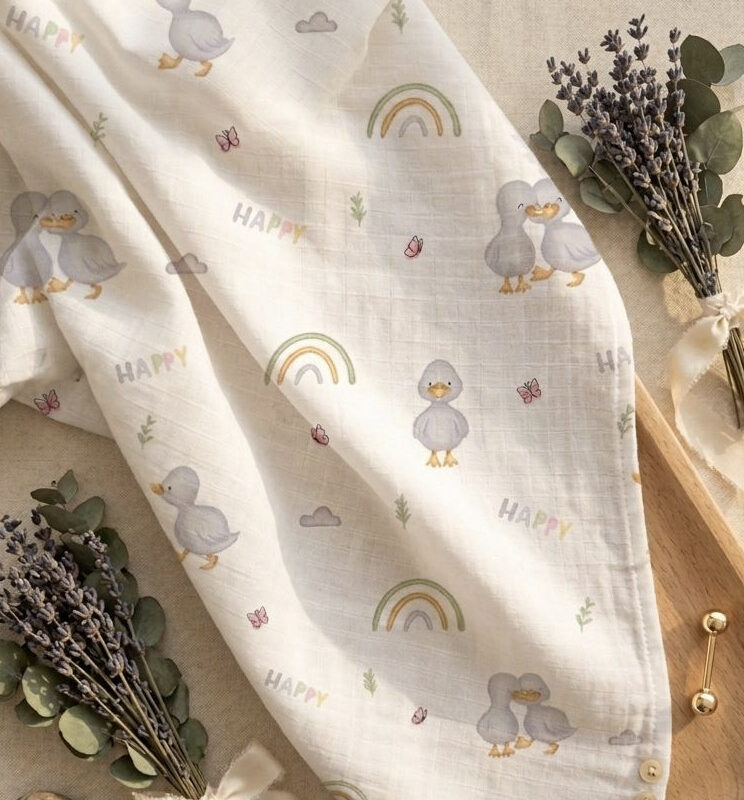 More Home % 100 Pamuk Müslin Bezi 90x90 Cm Krem Ördek Gök Kuşağı