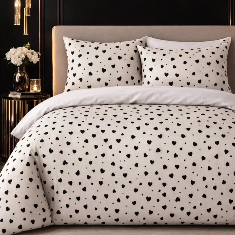 More Home  Çift Kişilik Yorgan Kılıfı + Yastık Kılıfı Kalp Desenli Beyaz Siyah