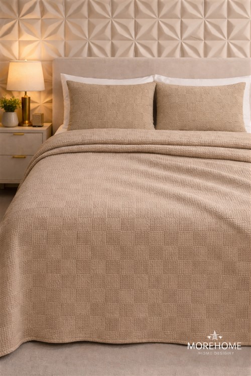 MORE HOME Dama Desenli Tek KİŞİLİK % 100 PAMUKLU   PİKE 175x240 Koyu Bej