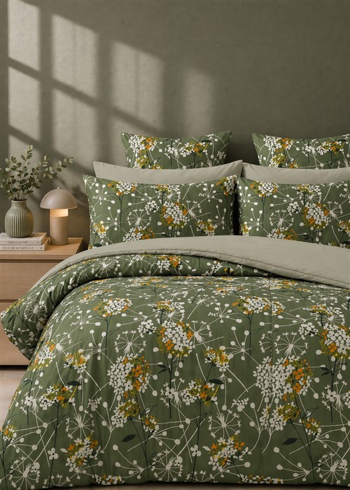 More Home Tek Kişilik Nevresim Takımı Lastikli Çarşaf Floral Yeşil Beyaz