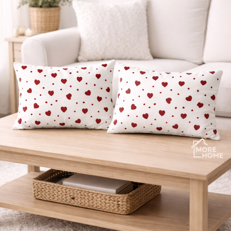 More Home Pamuklu Yastık Kılıfı (2 Adet) 50 x 70  cm Kalp Desenli  Beyaz Kırmızı
