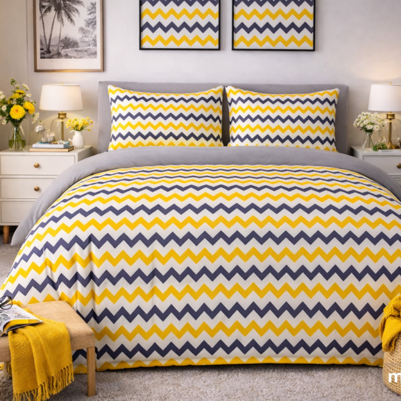 More Home  Çift Kişilik Yorgan Kılıfı + Yastık Kılıfı  Kombin Zikzaklı Gri Sarı Beyaz