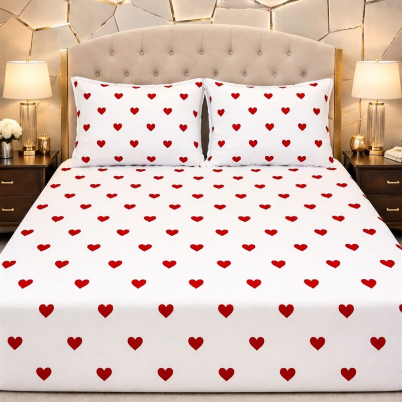 More Home  Çift Kişilik Lastikli Çarşaf  Seti + Yastık Kılıfı   Kalpli Kırmızı Beyaz