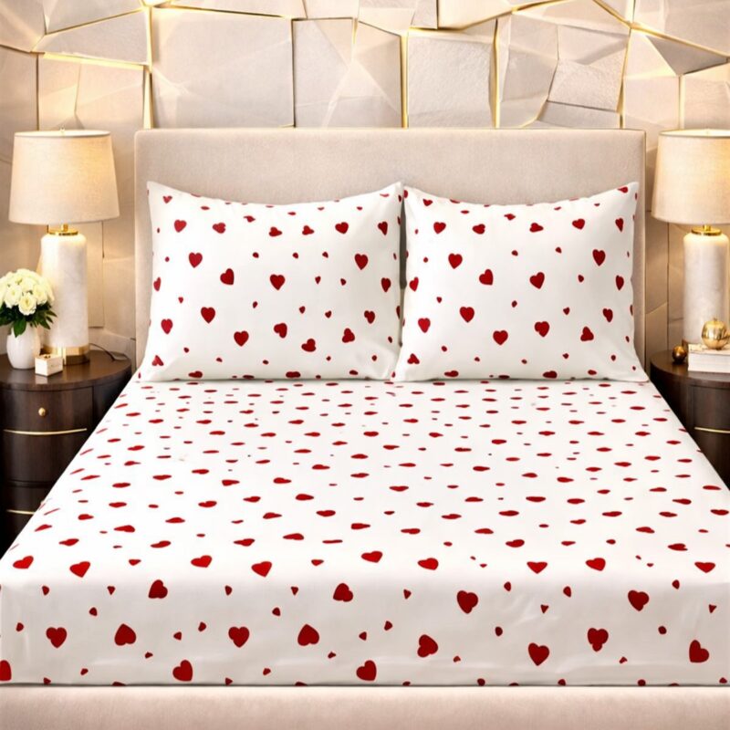 More Home Tek Kişilik Lastikli Çarşaf Seti + Yastık Kalp Desenli Beyaz Kırmızı
