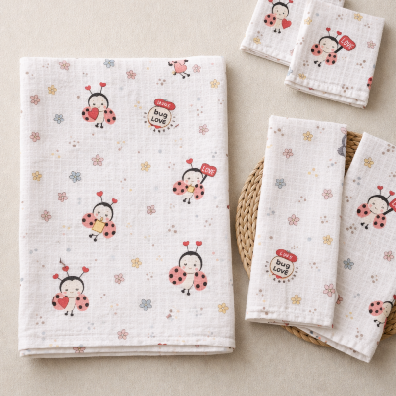 More Home % 100 Pamuk Müslin Örtü, Bebek Battaniyesi 5 Parça Set Uğur Böceği Beyaz Kırmızı